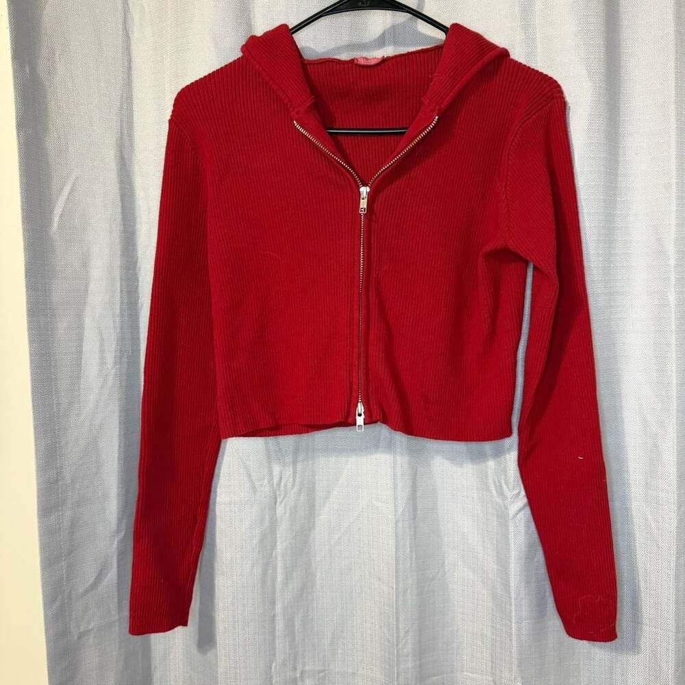 Brandy Melville John Galt Red Full Zip Hoodie Knit Sweater